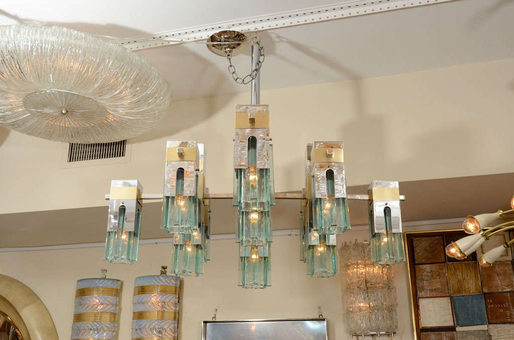 Chrome and green glass block chandelier by Sciolari